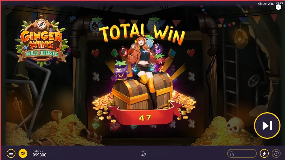 Tampilan antarmuka seluler slot Ginger Wins Wild Jungle dengan latar belakang hutan tropis