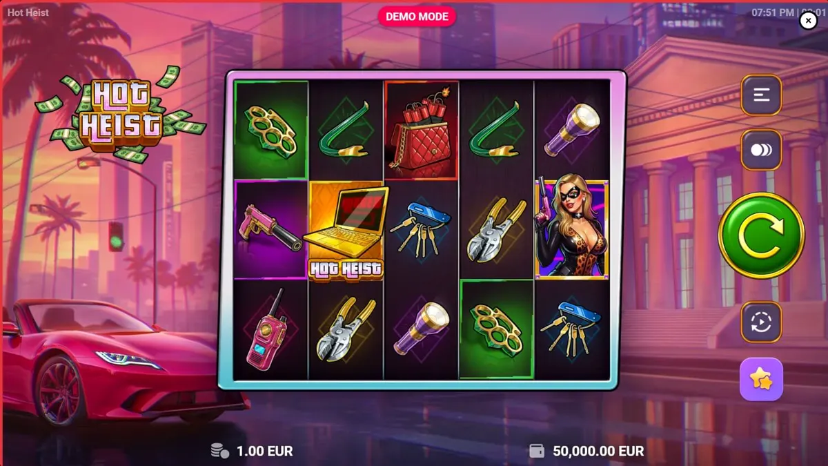 Tampilan visual slot Hot Heist dengan tema neon dan simbol-simbol perampokan