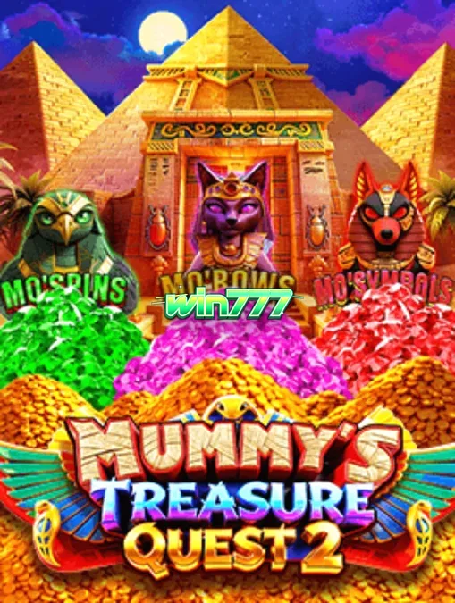 Tampilan visual slot Mummy’s Treasure Quest 2 dengan latar belakang piramida Mesir
